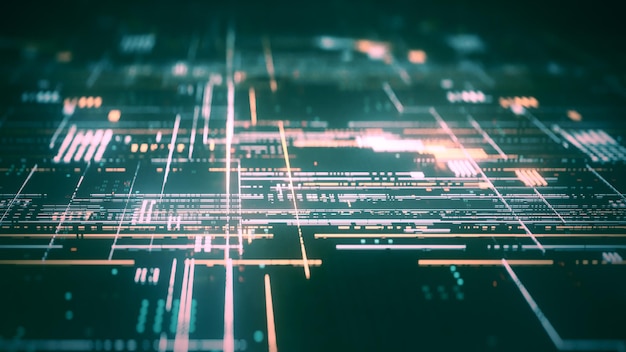 Semiconductor circuit line that shines brightly in a dark place 3d rendering