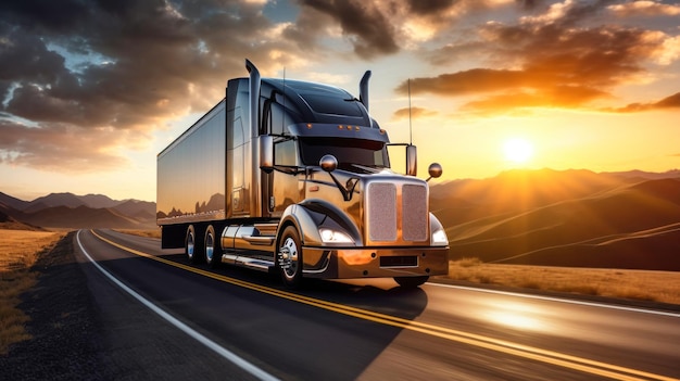 semitrailer on the highway highway sunrise or sunset The vehicle carries out international cargo transportation Deserted highway with a truck