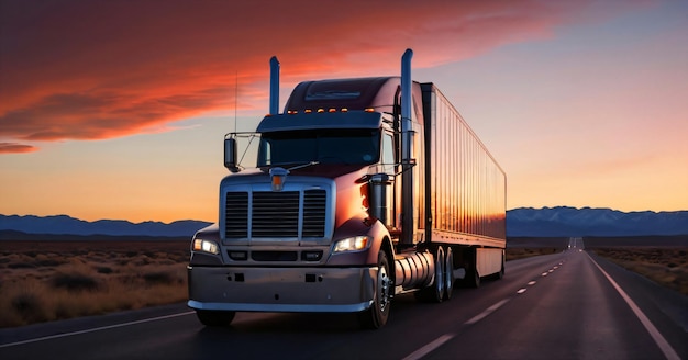 Semitrailer truck parked by a quiet road with a stunning sunset in the background