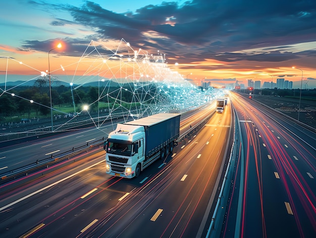 Photo semitrailer trucks driving on highway with cityscape and sunset background