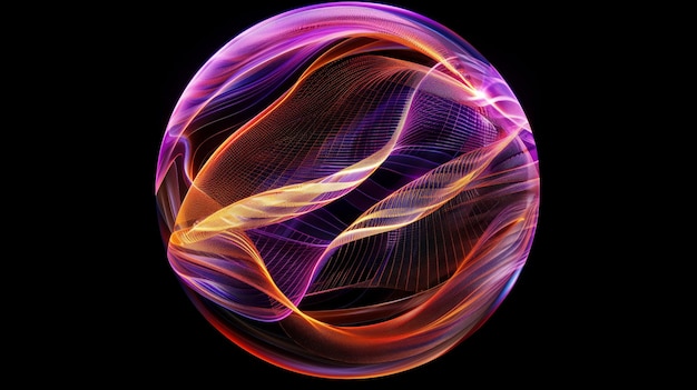 A semitransparent gradient sphere made of purple and orange wavy lines on a black background