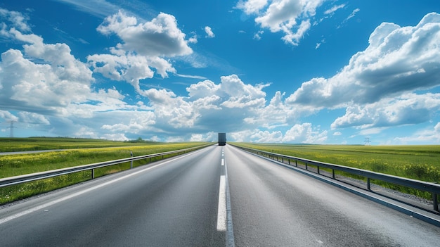 Photo a semitruck drives on a straight paved highway under a bright blue sky with fluffy white clouds generative ai