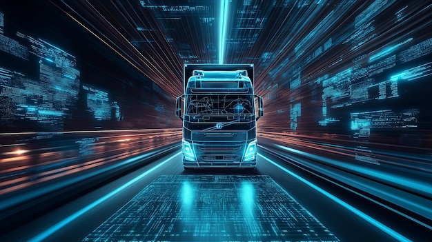 Semitruck drives through a digital highway with glowing lines