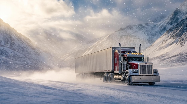 Photo semitruck driving on a snowcovered road surrounded by mountains