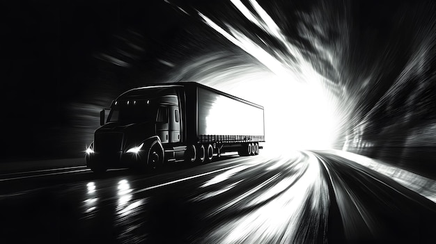 Photo semitruck emerging from a tunnel with light streaks