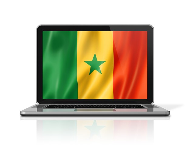 Senegal flag on laptop screen isolated on white. 3D illustration render.