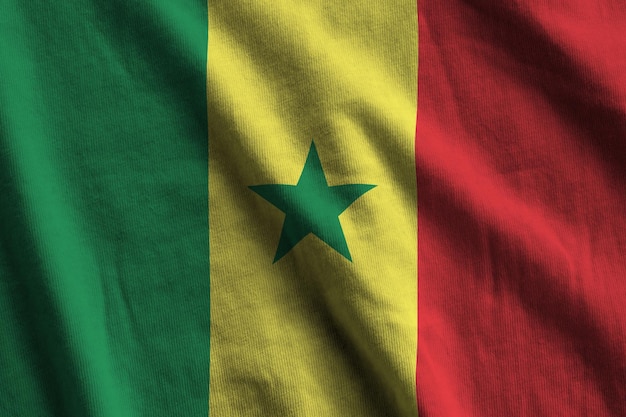 Senegal flag with big folds waving close up under the studio light indoors the official symbols and