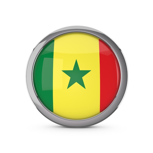 Senegal national flag in a glossy circle shape with chrome frame 3D Rendering