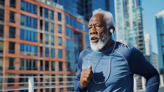 Senior African American man jogging in city Healthy lifestyle and urban environment Outdoor exercise and determination Fitness in older age AI