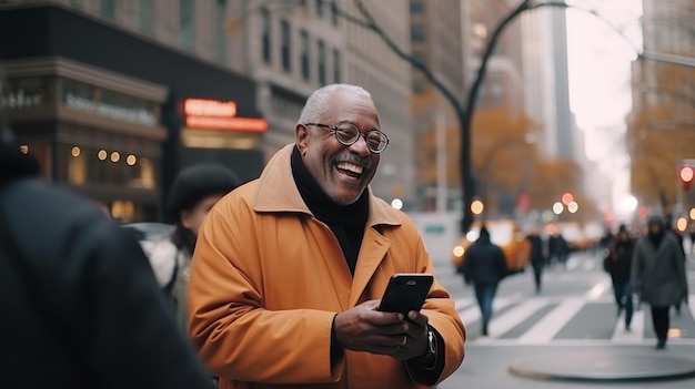 Senior african american man texting and smiling on new york subway enjoying social media