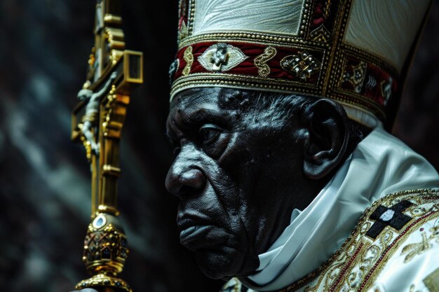 Photo senior african catholic priest holding golden cross is praying in church