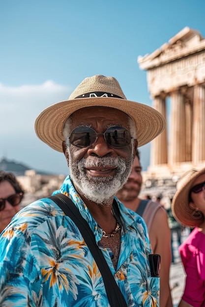 Senior afro travelers portrait in front of Parthenon Greece