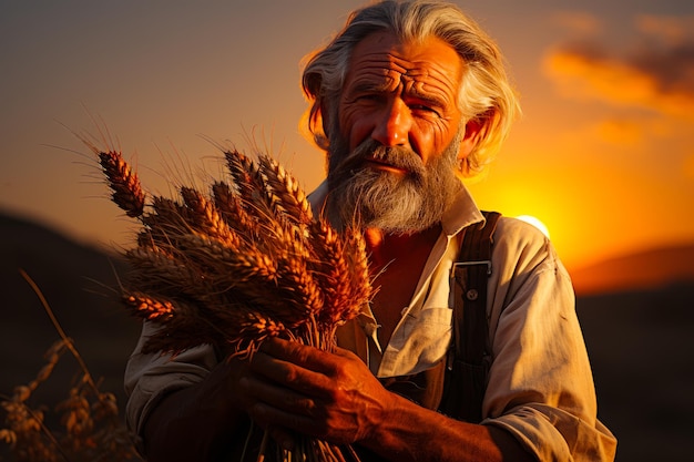 Senior agricultural gardener on sunset Old farmer working in a field Generative AI