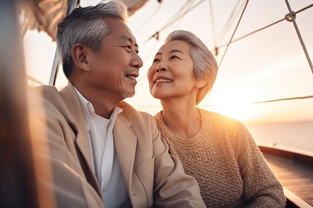 Senior Asian Couple in Love on Yacht at Sunset AI Generative