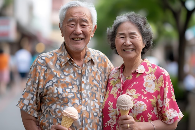 Senior asian couple walking in summer vacation