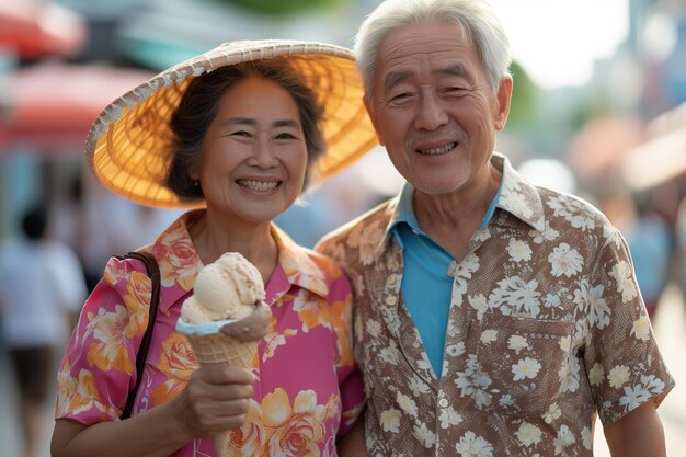 Senior asian couple walking in summer vacation