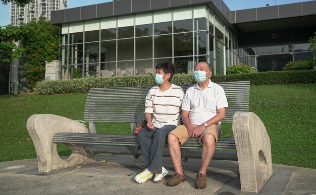 Senior Asian couple wearing face mask sitting on a bench in a park