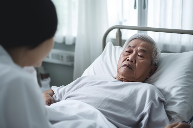 Senior Asian man laying on bed receives medical help