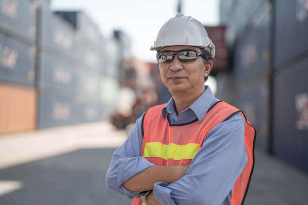 Senior asian manual man worker is standing with confident with working suite dress and safety helmet