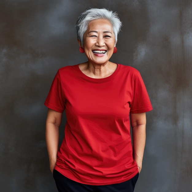 Senior Asian woman wearing empty blank tshirt