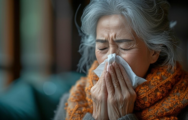 Senior Asian woman with dust allergy sneezing into tissue paper at home