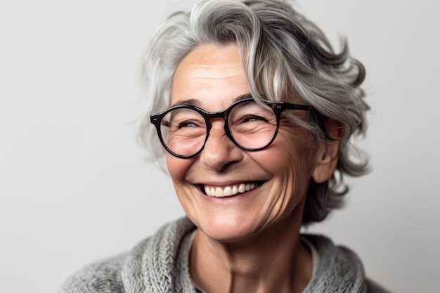 Senior beautiful grey haired woman wearing casual sweater and glasses over white background looking away to side with smile on face natural expression laughing confident