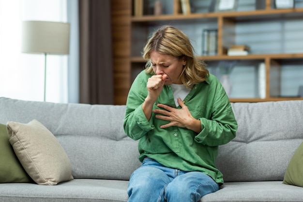 Senior beautiful woman sitting sick on sofa at home he coughs covers his mouth with his hand holds