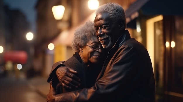 Senior black couple shares a tender moment in a portrait standing on a brightly illuminated evening street AI generated