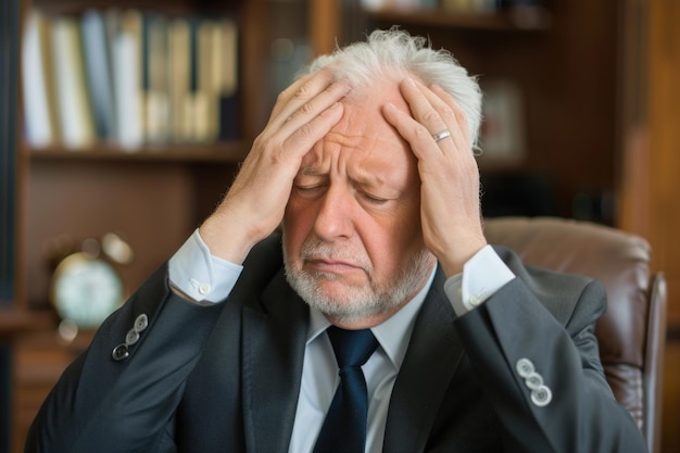 senior business man with headache due to stress at work