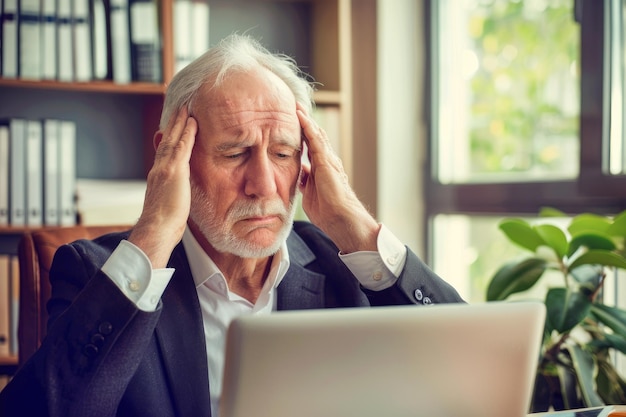 senior business man with headache due to stress at work