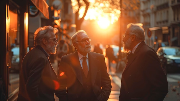 Senior business people communicating outside on a blurred background