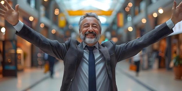 Senior businessman celebrating success at work with arms raised and a radiant smile showing fulfillment Concept Success at work Celebration Senior businessman Fulfillment Radiant smile