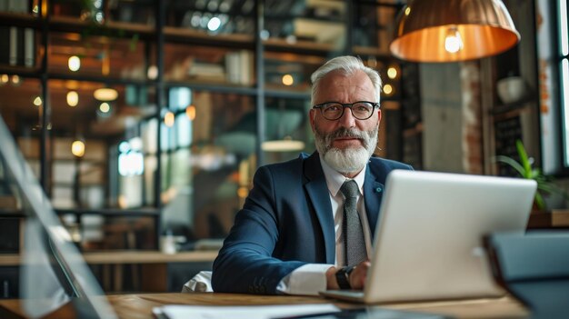 A senior businessman is depicted using a laptop in a modern corporate office surrounded by other bus