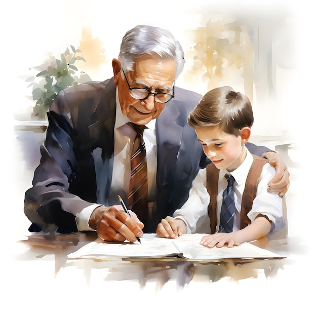 senior businessman mentoring a young intern realistic watercolor