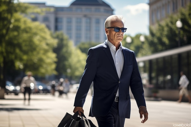 A senior businessman in a suit and sunglasses