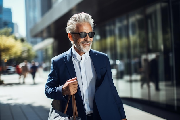 A senior businessman in a suit and sunglasses