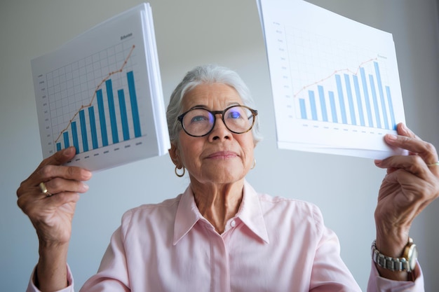 Photo senior businesswoman analyzing growth data charts business analytics financial growth