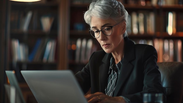 A Senior Businesswoman Types On Her Laptop Attending To Emails And Proposals High Quality