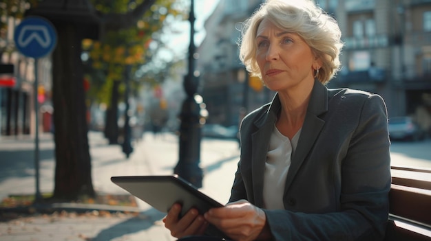 Senior businesswoman working on tablet outdoors