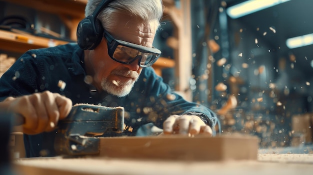 Senior Carpenter Working on Wood