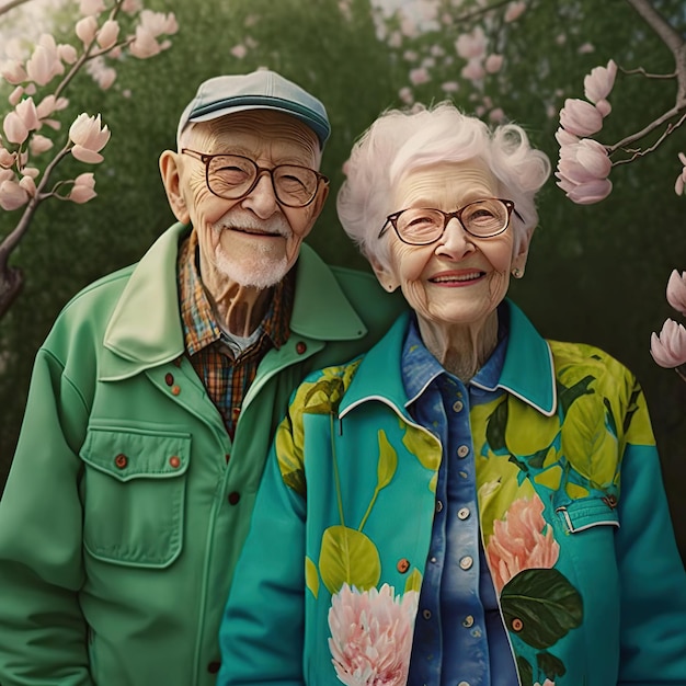 Senior caucasian couple taking selfie at park spring time Generative AI illustration