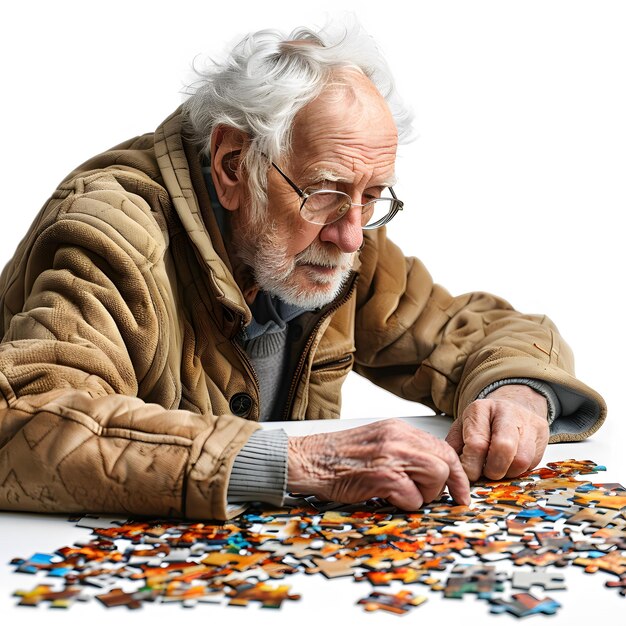 Photo senior caucasian man working on a puzzle isolated on white background photo