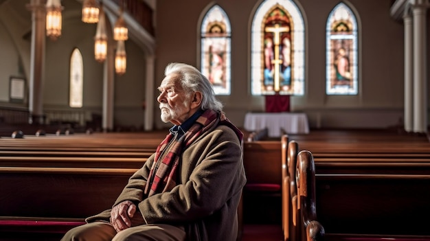 A senior citizen is seated in a church Generative AI