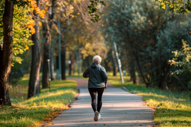 Photo senior citizen racewalking in a tranquil autumn park for health and fitness benefits