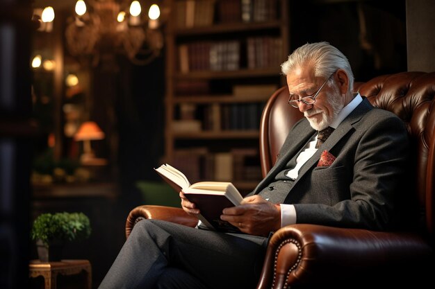 A senior citizen reading a book in a cozy chair demonstrating the joy of lifelong learning