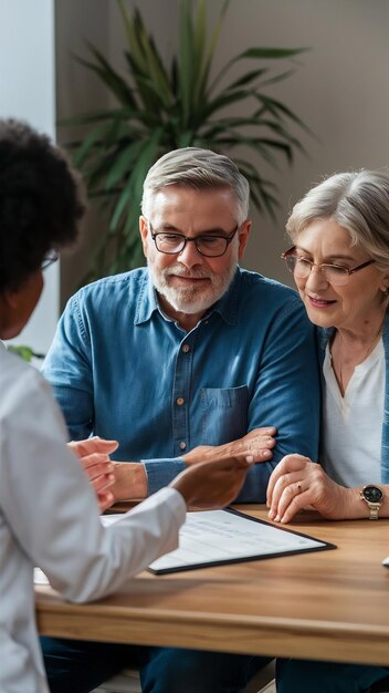 Senior couple consulting with healthcare worker about their insurance policy while having a meeting