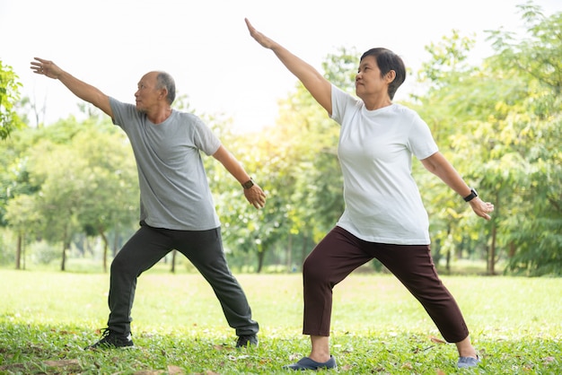 Senior couple doing stretching exercise at park.