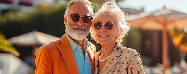 A senior couple dressed in coordinating outfits embracing a modern and playful approach to fashion