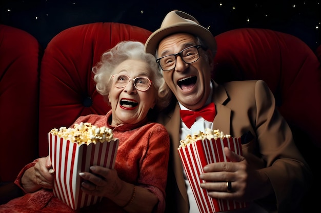 senior couple eat popcorn in cinema Generative AI