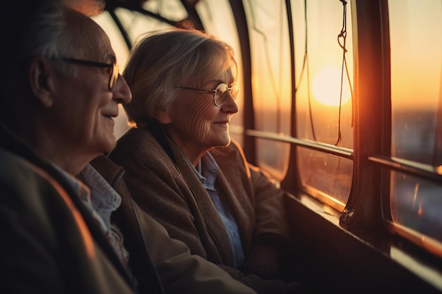 Senior couple enjoying a Ferris wheel looking from the window at sunset Generative AI